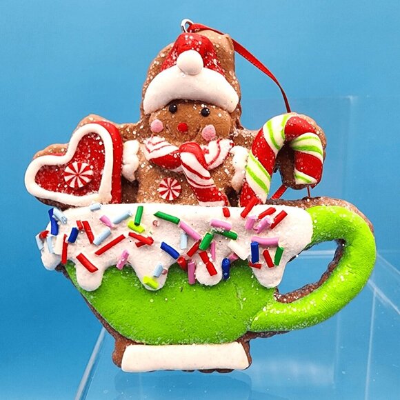 Gingerbread Man in Green Cup Ornament Clay Dough Faux Cookie Fake Bake Xmas v3 - Picture 3 of 9